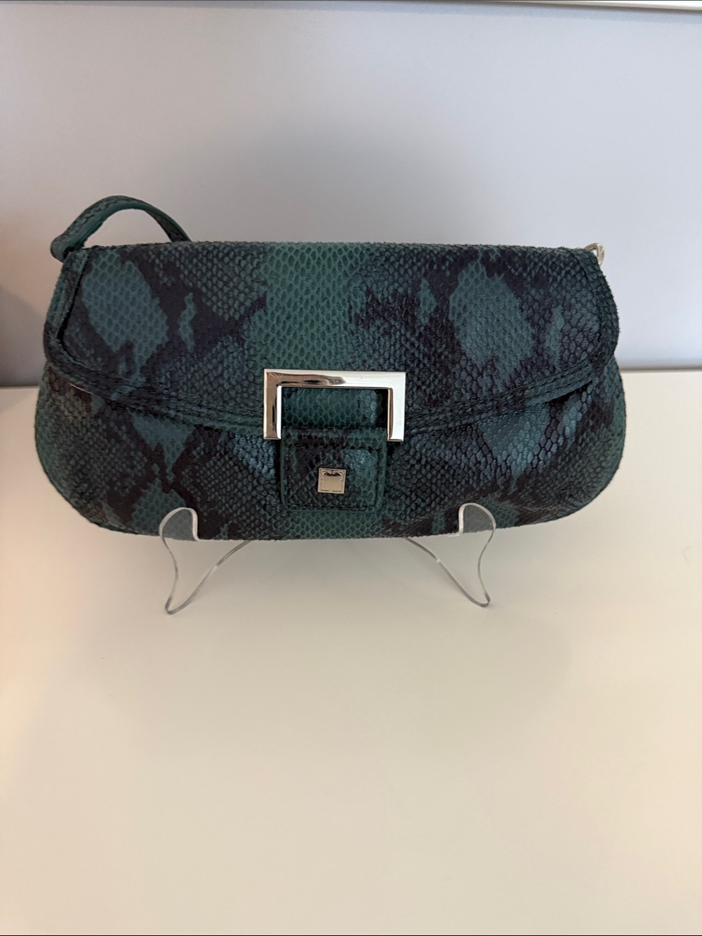 Liz Claiborne Dark Green Snake-Print Clutch with Silver Buckle